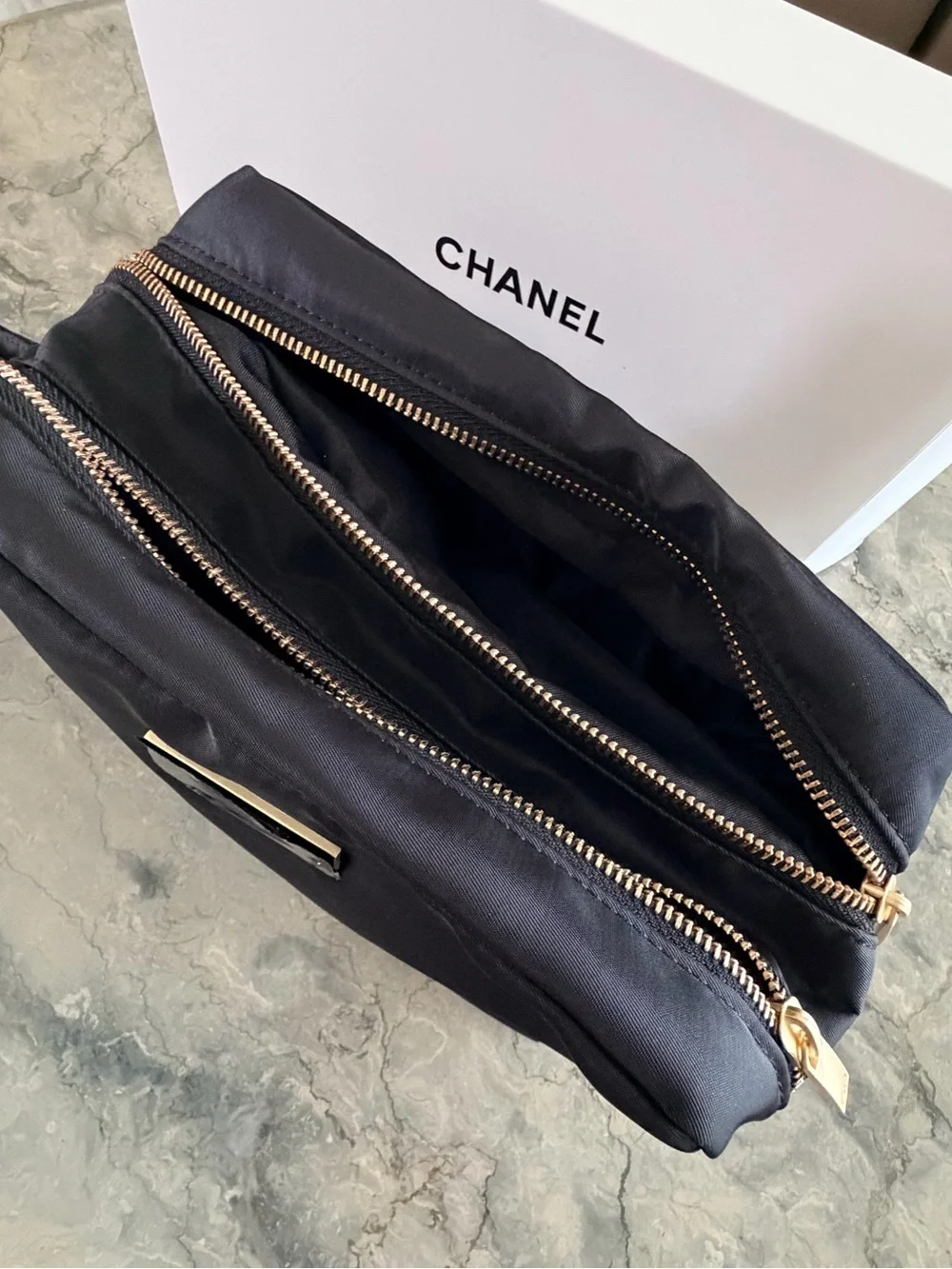 CHANEL VIP Gift Beauty Black Double Zip Travel Cosmetic Bag